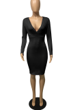 Color Blue Sexy Solid Patchwork V Neck Pencil Skirt Dresses
