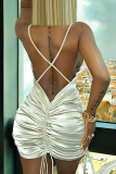 Apricot Sexy Solid Backless Spaghetti Strap Pencil Skirt Dresses