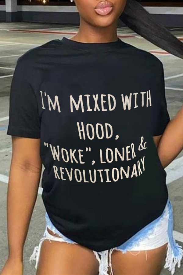Black Fashion Casual Letter Print Basic O Neck T-Shirts