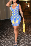 Blue Fashion Sexy Print Basic V Neck Skinny Romper