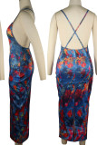 Blue Sexy Print Patchwork Spaghetti Strap Sling Dress Dresses