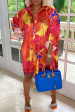 Red Casual Print Patchwork Turndown Collar Shirt Dress Dresses