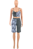 Grey Casual Print Patchwork Spaghetti Strap Sleeveless Two Pieces