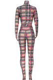 Coffee Sexy Plaid Print Hollowed Out Patchwork Frenulum O Neck Long Sleeve Two Pieces