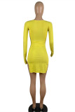 Yellow Fashion Solid Slit V Neck Long Sleeve Dresses