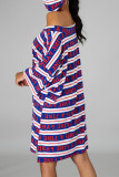 Red Blue Fashion Casual Print Basic Oblique Collar T-shirt Dress
