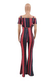 Burgundy Fashion Sexy Print Backless Strapless Short Sleeve Two Pieces