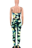 Green Sexy Print Hollowed Out Patchwork Frenulum Spaghetti Strap Sleeveless Two Pieces