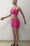 Rose Red Sexy Solid Patchwork Fold Spaghetti Strap Sleeveless Two Pieces
