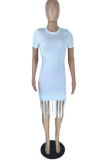 Pink Fashion Casual Solid Tassel O Neck Short Sleeve Dress