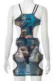Grey Sexy Print Mesh Halter Sleeveless Two Pieces