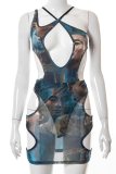 Grey Sexy Print Mesh Halter Sleeveless Two Pieces