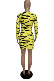 Yellow Sexy Print Patchwork V Neck Pencil Skirt Dresses