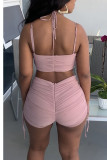 Pink Casual Solid Patchwork Fold Spaghetti Strap Sleeveless Two Pieces
