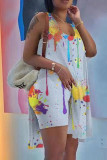 White Casual Print Patchwork High Opening U Neck Two Pieces