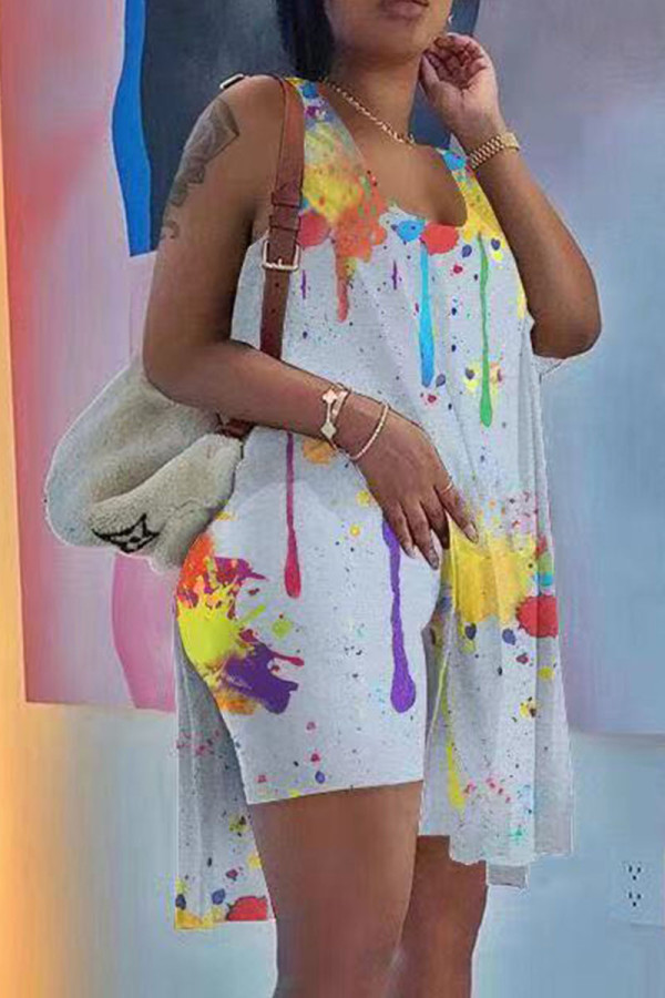 White Casual Print Patchwork High Opening U Neck Two Pieces
