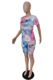 Pink Casual Patchwork Tie-dye O Neck Short Sleeve Two Pieces