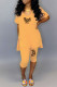 Earth Yellow Fashion Casual Letter Print Slit V Neck Short Sleeve Two Pieces