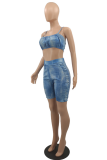 The cowboy blue Sexy Solid Patchwork Spaghetti Strap Sleeveless Two Pieces