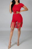 Red Fashion Casual Solid Tassel O Neck Short Sleeve Two Pieces