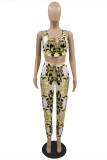 Gold Sexy Casual Print Backless Spaghetti Strap Sleeveless Two Pieces