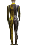 Yellow Street Print Patchwork V Neck Skinny Jumpsuits