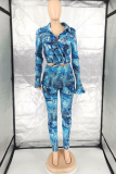 Blue Sexy Print Patchwork V Neck Long Sleeve Two Pieces