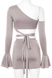 Green Fashion Sexy Solid Bandage Hollowed Out Oblique Collar Long Sleeve Two Pieces