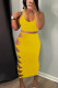 Yellow Sexy Solid Hollowed Out Patchwork Knotted U Neck Two Pieces