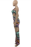 Multicolor Fashion Sexy Print Hollowed Out O Neck Sleeveless Dress