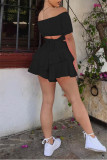 Rose Red Sexy Casual Solid Backless Off the Shoulder Short Sleeve Two Pieces