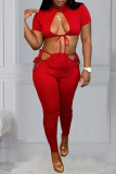 Red Sexy Solid Hollowed Out O Neck Short Sleeve Two Pieces