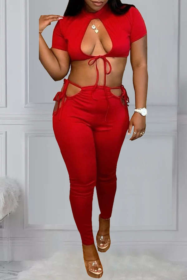 Red Sexy Solid Hollowed Out O Neck Short Sleeve Two Pieces