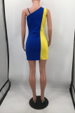 Blue Sexy Color Block Hollowed Out One Shoulder Irregular Dress Dresses