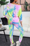 Multicolor Fashion Casual Tie Dye Printing Oblique Collar Long Sleeve Two Pieces