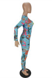 Light Blue Fashion Print Basic O Neck Long Sleeve Two Pieces