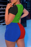 Red Casual Color Block Patchwork O Neck Short Sleeve Two Pieces