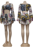 White Sexy Print Patchwork Off the Shoulder Long Sleeve Two Pieces