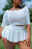 White Casual Solid Patchwork O Neck A Line Plus Size Two Pieces