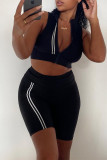 Black Casual Sportswear Print Vests Zipper Collar Sleeveless Two Pieces