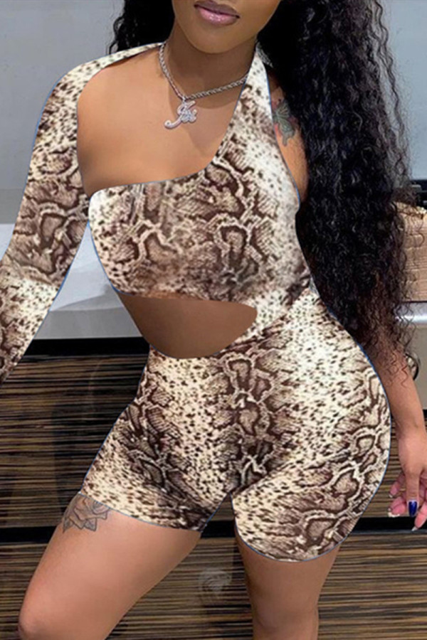 Multicolor Fashion Sexy Print Hollowed Out Oblique Collar Skinny Romper