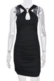 Black Sexy Solid Patchwork Backless Fold Pencil Skirt Dresses