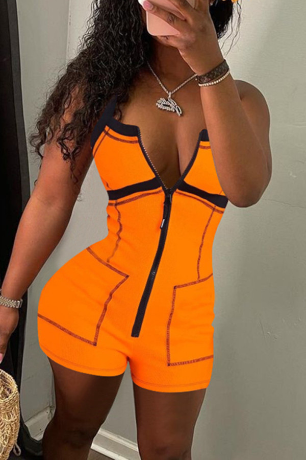 Orange Fashion Sexy Solid Patchwork Backless Strapless Skinny Romper