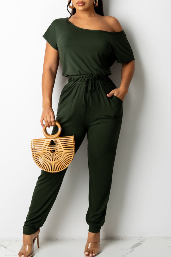 Army Green Casual Solid Patchwork Frenulum O Neck Straight Jumpsuits
