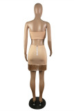 Light Coffee Fashion Sexy Solid Tassel Backless Strapless Sleeveless Two Pieces