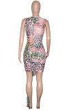 Pink Sexy Print Patchwork O Neck Pencil Skirt Dresses