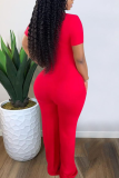 Red Casual Solid Split Joint V Neck Skinny Jumpsuits