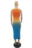 Blue Fashion Sexy Gradual Change Print Basic V Neck Vest Dress