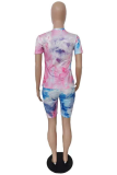 Pink Casual Patchwork Tie-dye O Neck Short Sleeve Two Pieces