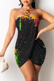 Blue Fashion Sexy Print Backless Strapless Irregular Dress